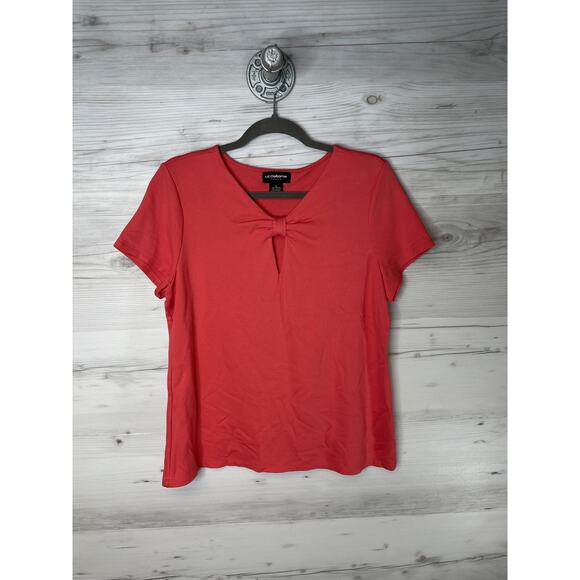 Liz Claiborne Shirt Womens Large Coral V-Neck Knot Front Career Stretch Top - Picture 1 of 8